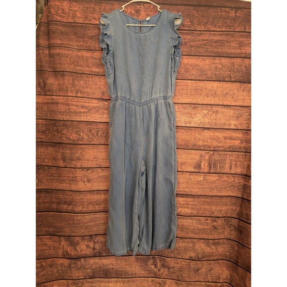OLD NAVY Womens Crop Blue Chambray Flutter Sleeves Jumper Jumpsuit Romper Sz M - Picture 1 of 6